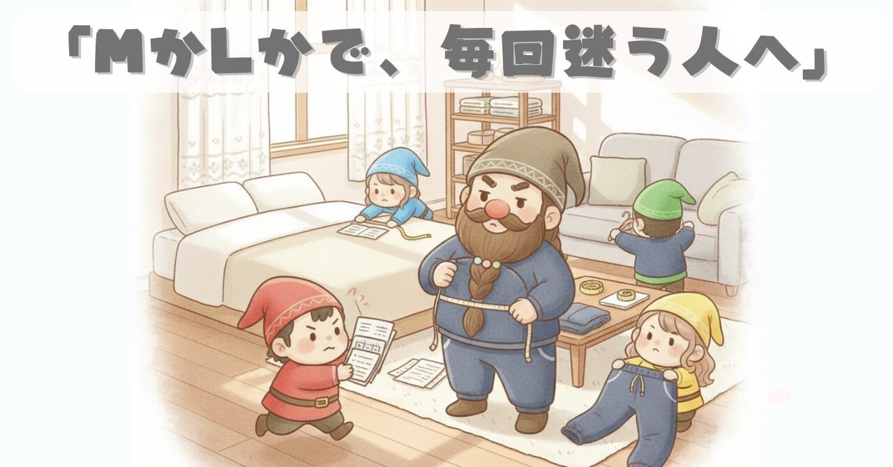 リカバリーウェアのサイズ選びで迷う40代男性向けに、MかLで悩む様子をドワーフと小人で表現したアイキャッチ画像。口コミから分かった基本ルールを解説する記事用ビジュアル