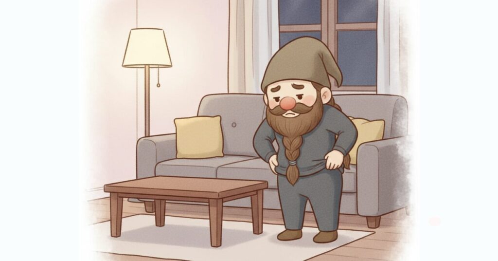 夜のリビングで、サイズが合わないリカバリーウェアのウエスト部分を気にして立ち止まるドワーフ。少し窮屈そうな表情で服を引っ張り、着心地に違和感を覚えた瞬間を描いたイラスト。