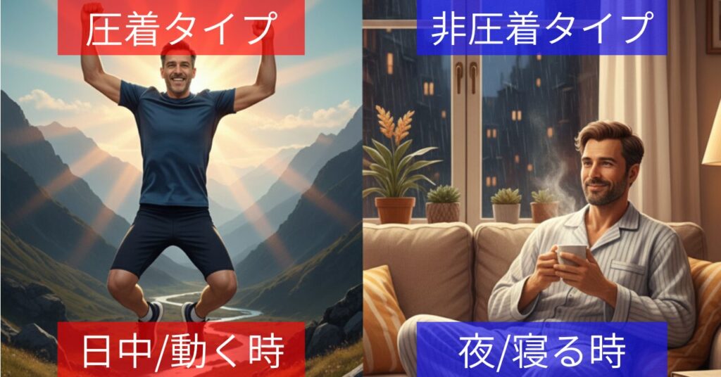 圧着タイプは日中の運動や活動時向け、非圧着タイプは夜の睡眠時向けで使い分けることを示した比較イメージ。圧着ウェアで動く男性と、パジャマ姿でくつろぐ男性が対比されている。