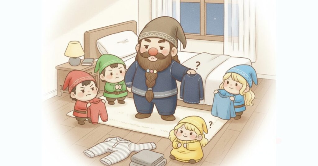 寝室でドワーフがリカバリーウェアのサイズを比べながら迷っている様子を、小人たちが周囲で見守るイラスト。きつい服とゆったりした服を対比し、寝る服は締め付けよりゆとりが大切だと伝えるアイキャッチ画像。