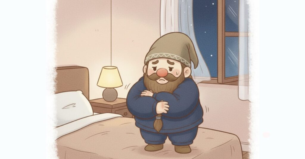 季節を考えずに厚手のリカバリーウェアを着たドワーフが、寝室で暑さと寒さの両方に困って腕を抱えている様子