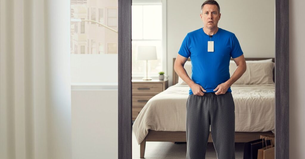 試着中の男性が鏡の前でサイズ違いに気づき、不安そうな表情をしている様子。リカバリーウェアのサイズ選びの難しさを表現したイメージ。