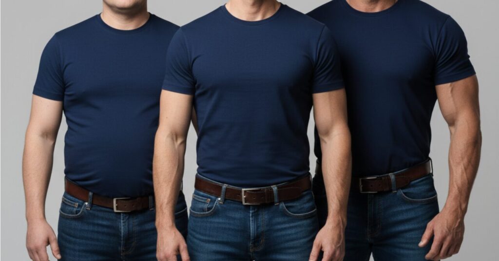 体型が異なる3人の男性が同じTシャツを着て並び、サイズ感による違いを比較している写真。40代男性の体型別サイズ選びのイメージ。