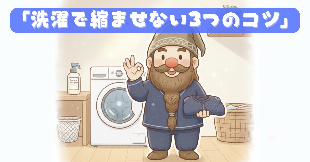 洗濯機の前でドワーフがOKサインを出し、リカバリーウェアを持って立っているイラスト。洗濯で縮ませず長持ちさせるコツを解説するアイキャッチ画像