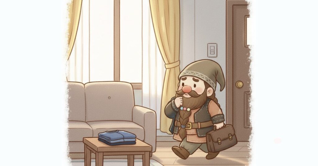 朝のリビングで出勤しようとするドワーフが、ソファ横に畳まれたまま置かれたリカバリーウェアに気づかず通り過ぎている様子。着るタイミングを決めなかったことで存在を忘れてしまった失敗シーンを表現したイラスト。