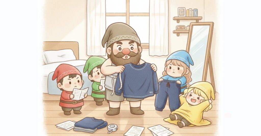 リカバリーウェアのサイズ選びで迷うドワーフが、メジャーで体を測りながら少し大きめのウェアを手に持ち、周囲の小人たちがサイズ表や服の余裕を確認している様子を描いたイラスト