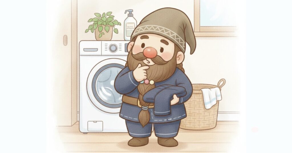 洗濯機の前でリカバリーウェアを抱えながら考え込むドワーフのイラスト。洗濯で縮まないか不安に感じている様子を表現した見出し画像