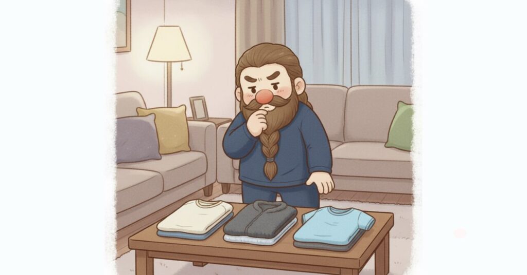 リビングでドワーフが3種類のリカバリーウェアを前に考え込んでいる様子。季節や着用シーン別に選び方を迷っている場面を表現したイラスト。