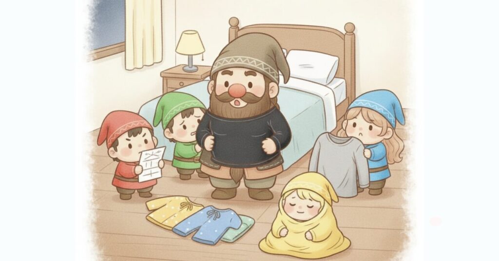 寝室で圧着タイプのリカバリーウェアを着て違和感を感じるドワーフと、ゆったりした非圧着ウェアやサイズ表を持って見守る小人たちを描いたイラスト