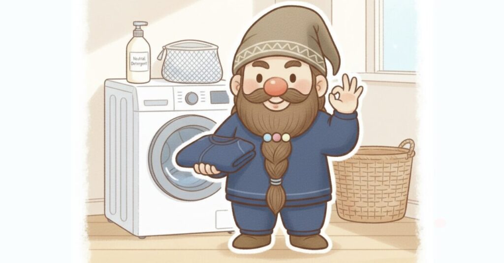 洗濯機の前でリカバリーウェアを持ち、OKサインを出すドワーフが縮み防止の3つの基本ルールを伝えているイラスト