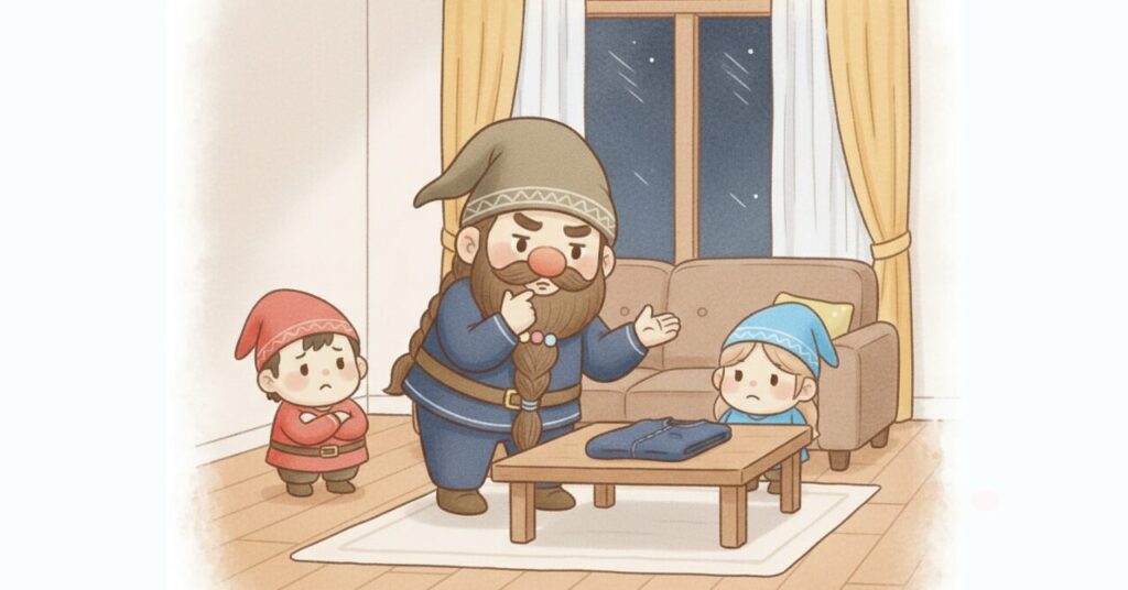 リビングでドワーフがリカバリーウェアを前に考え込み、小人たちも不安そうに見守っているFAQパート用イラスト