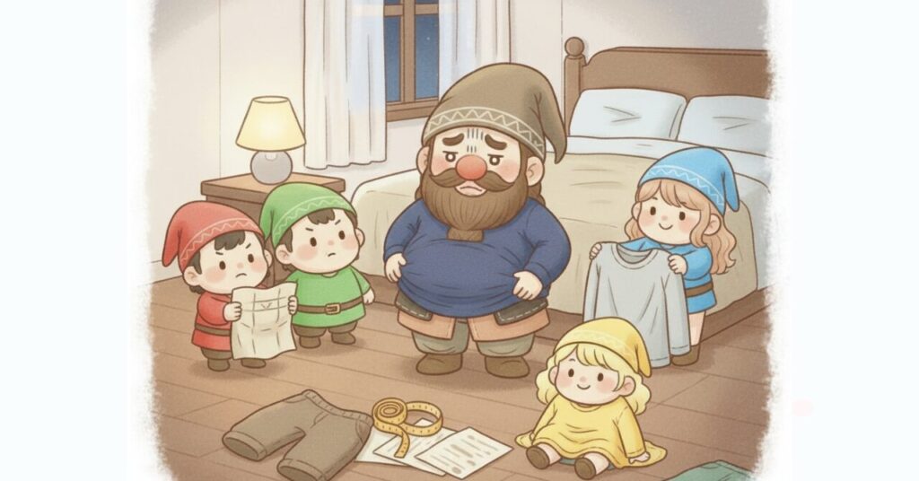 寝室で小さすぎるリカバリーウェアを着て困った表情のドワーフと、サイズ表や服を持って見守る小人たちの様子を描いたリカバリーウェアのサイズ選び失敗イメージ画像