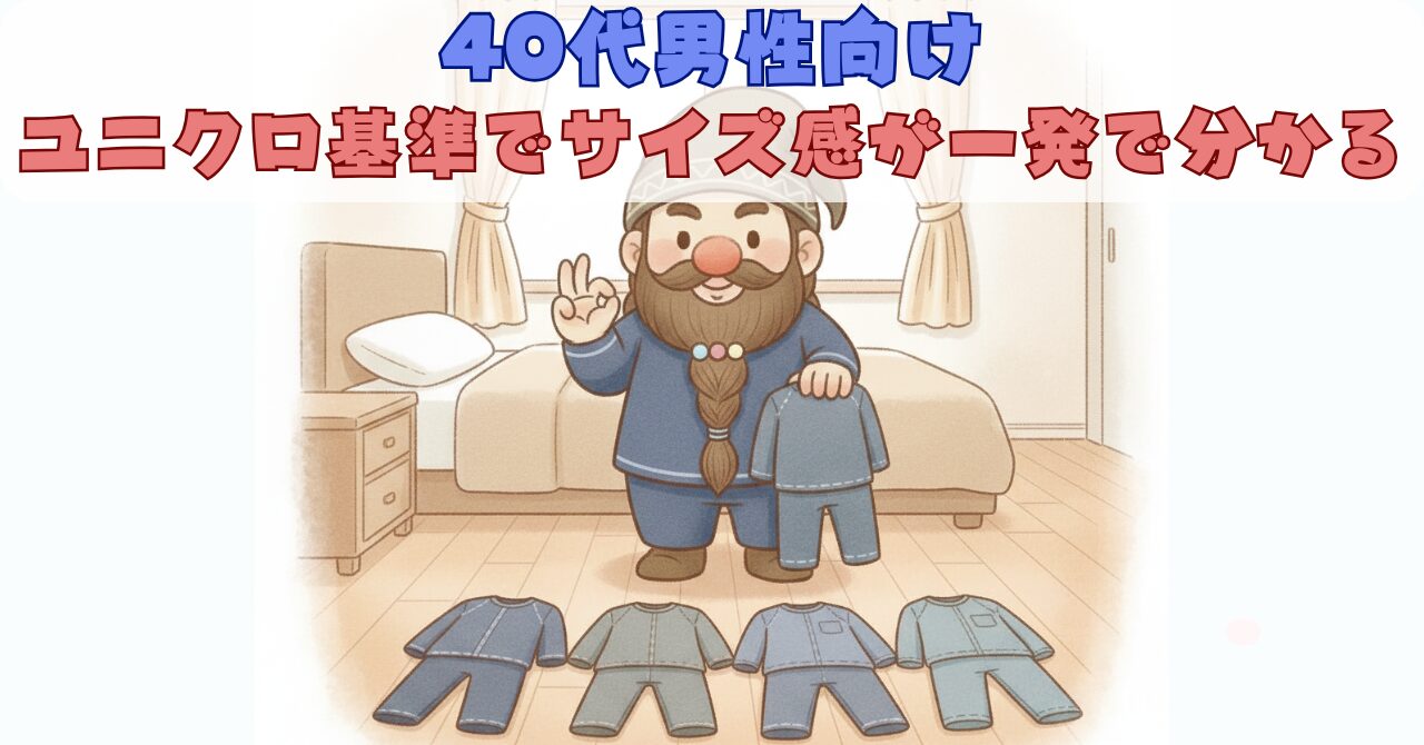 40代男性向けにユニクロ基準でベネクス・バクネ・リライブ・ブレインスリープのサイズ感を比較解説するドワーフのイラスト