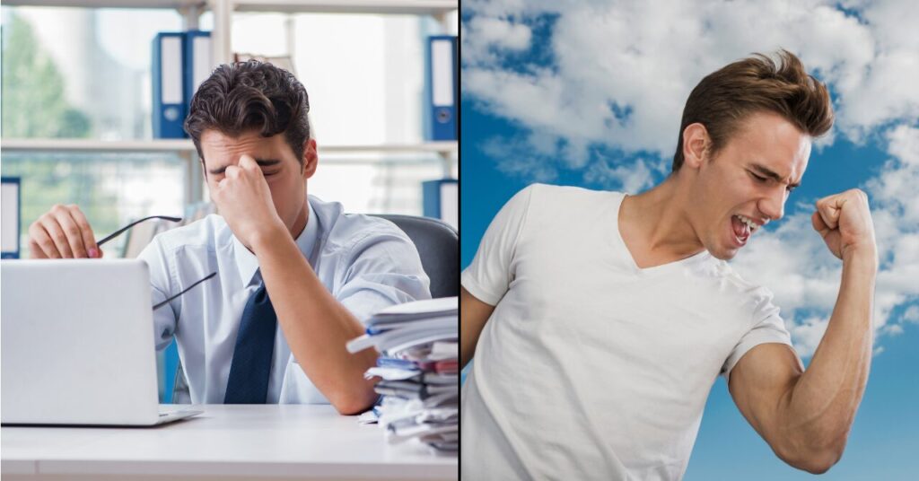 仕事で疲れた男性と、回復して力強くガッツポーズする男性を並べた画像。効果を感じにくい人の共通点と対策をイメージした写真。