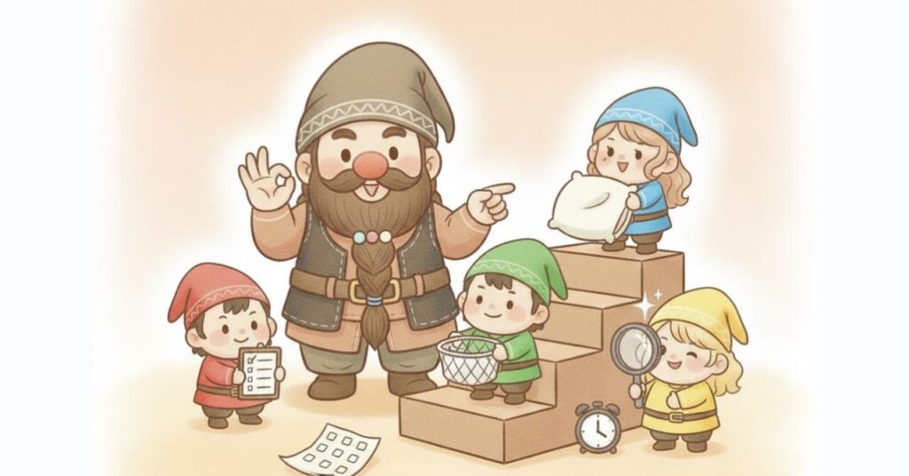 リカバリーウェアの効果を高めるコツを、チェック・洗濯・睡眠環境の3ステップで整えるドワーフと小人たちのイラスト