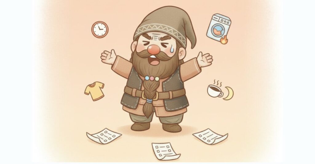 リカバリーウェアの効果を感じない理由（期間・サイズ・洗濯・生活習慣）をアイコンで示したドワーフのイラスト