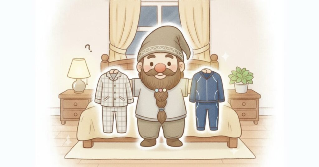 ベッドの前でドワーフが普通のパジャマとリカバリーウェアを左右に持って比べているイラスト。40代男性向けに寝る服の目的の違いをわかりやすく表現した見出し画像