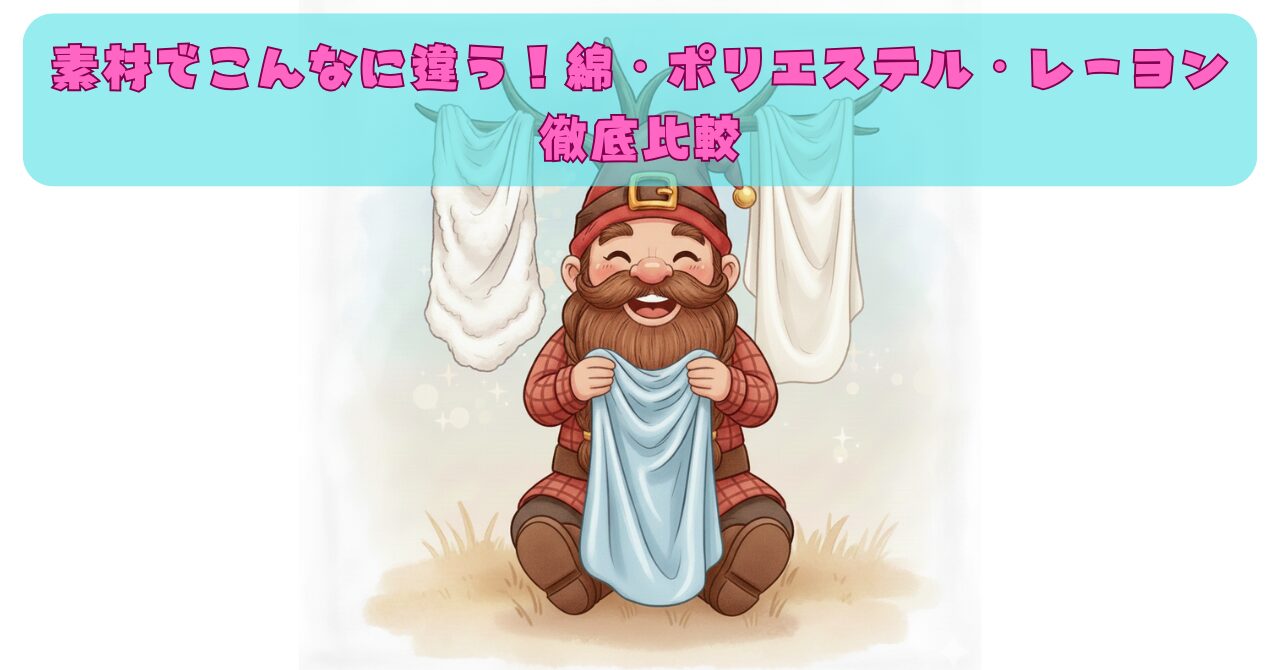 綿・ポリエステル・レーヨンの布を比べるドワーフのイラスト