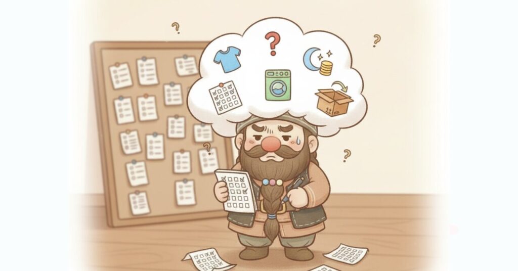 リカバリーウェアのサイズ・洗濯・睡眠・価格・返品などの質問が多くて悩むドワーフのFAQイラスト