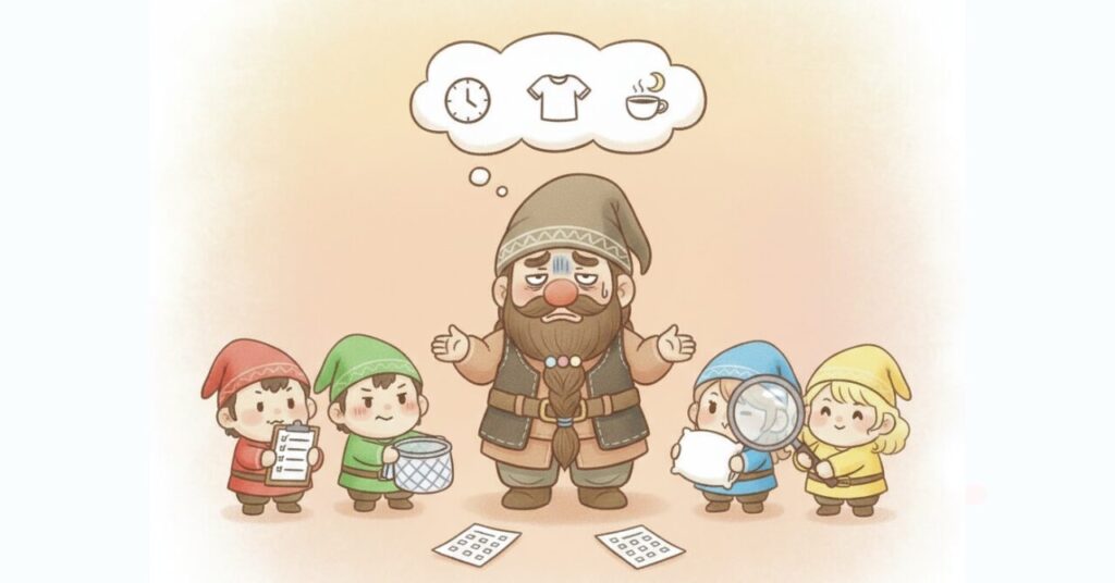 リカバリーウェアの効果を感じにくい原因を、チェック・洗濯ネット・検証で見直すドワーフと小人たちのイラスト