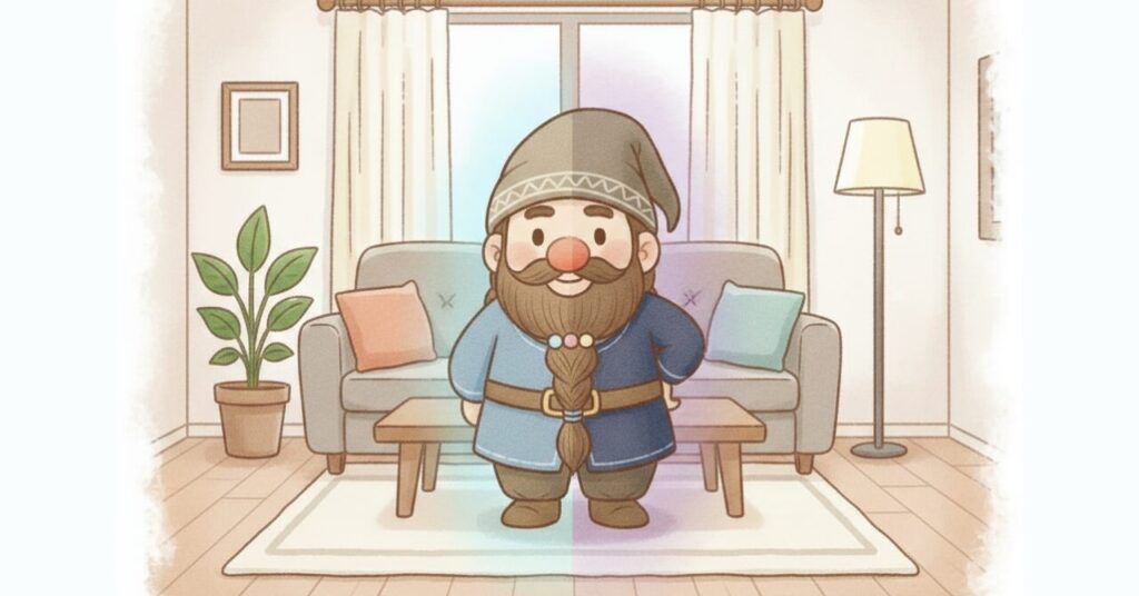 リビングでドワーフが左右に分かれた雰囲気で立っているイラスト。疲れや悩みの深さによってリカバリーウェアの向き不向きを表現した見出し画像