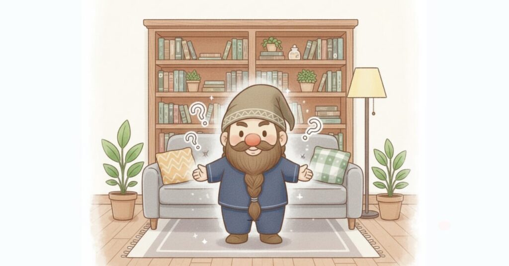 本棚の前でドワーフが両手を広げ、周囲に疑問マークが浮かんでいるイラスト。リカバリーウェアに関するよくある質問に答えるFAQ用の見出し画像