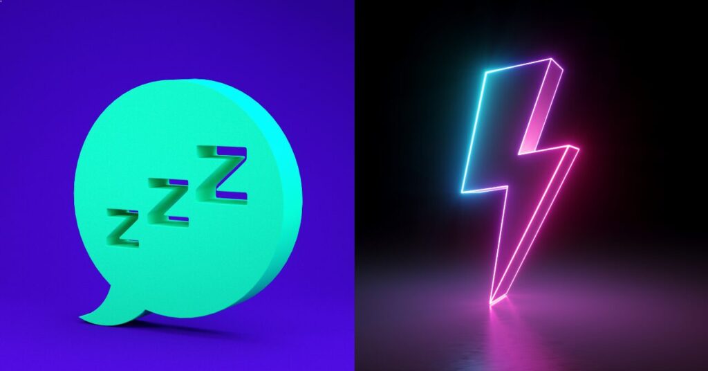 睡眠を象徴する「Zzz」マークと、回復やエネルギーを象徴する雷マークを並べた画像。普通のパジャマは“眠るため”、リカバリーウェアは“回復するため”という目的の違いをイメージした見出し画像