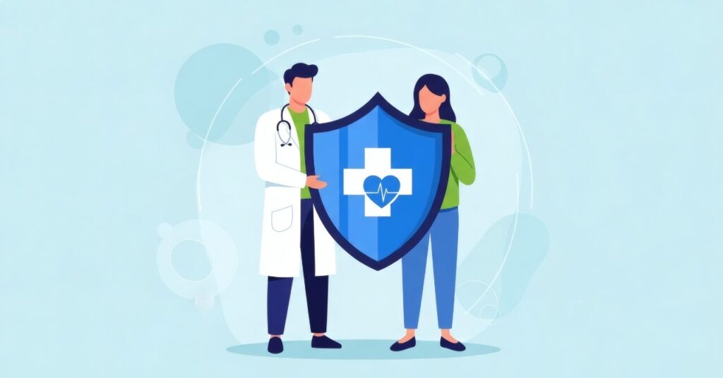 医師と女性が医療マークの入った大きな盾を持っているイラスト。リカバリーウェアの“医療機器タイプ”の安心感と信頼性をイメージした画像
