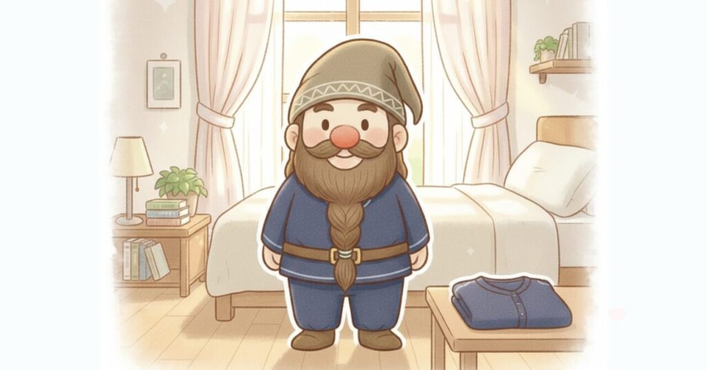 朝の寝室でリカバリーウェアを着たドワーフが満足そうに立っているイラスト。比較を通して自分に合う1着を見つけた安心感を表現したまとめ用見出し画像
