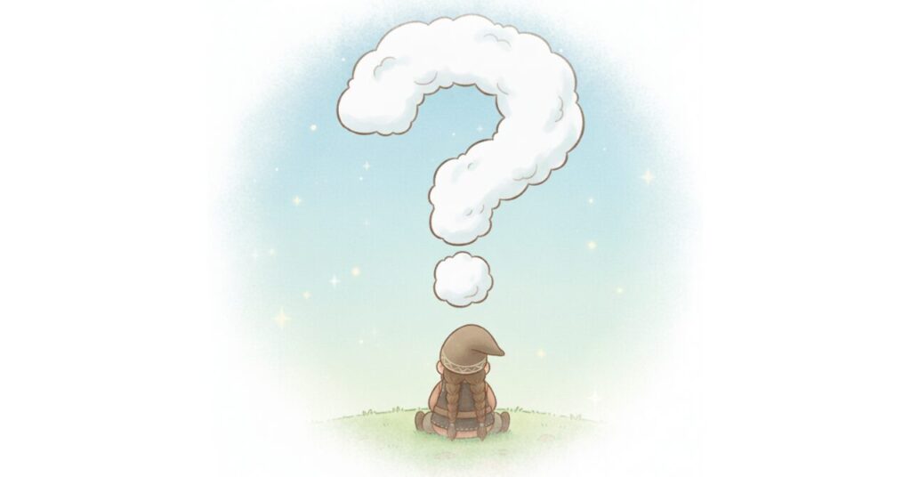 草原に座ったドワーフが、空に浮かぶ大きな雲の「？」マークを見上げているイラスト。疑問や質問をイメージしたFAQ用の画像。