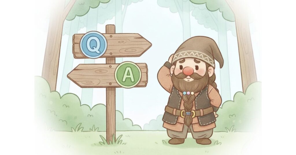 森の中で、QとAの道しるべを見ながら少し悩んでいるドワーフ。よくある質問の案内をイメージしたイラスト。