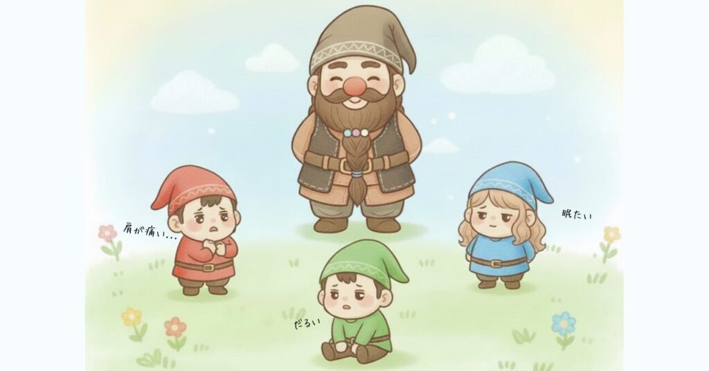 肩こり・だるさ・眠気で悩む小人たちを、ドワーフが見守るイラスト