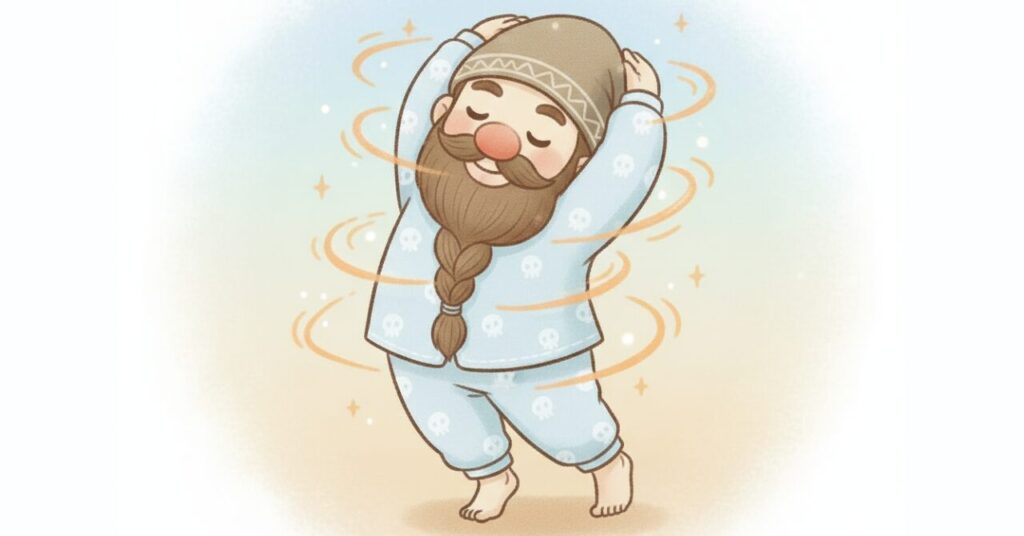 リカバリーウェアを着たドワーフが気持ちよさそうに伸びをし、体のまわりに柔らかい光の波紋が広がって“じんわり回復”のメリットを表現したイラスト