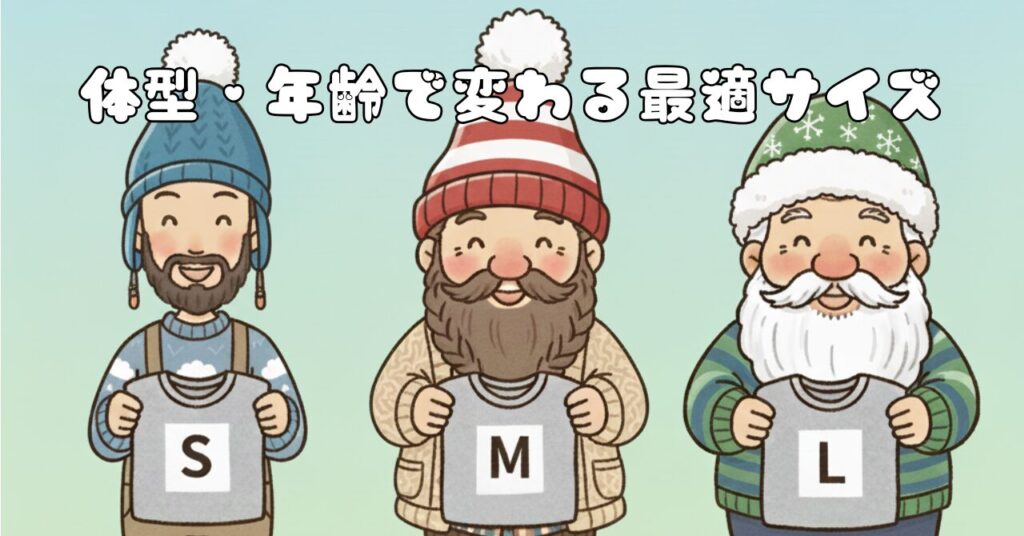 細身・標準・がっしり体型のドワーフが並び、それぞれ異なるサイズの服を持っているイラスト。相手の体型と年齢によって最適なサイズが変わることを表現。
