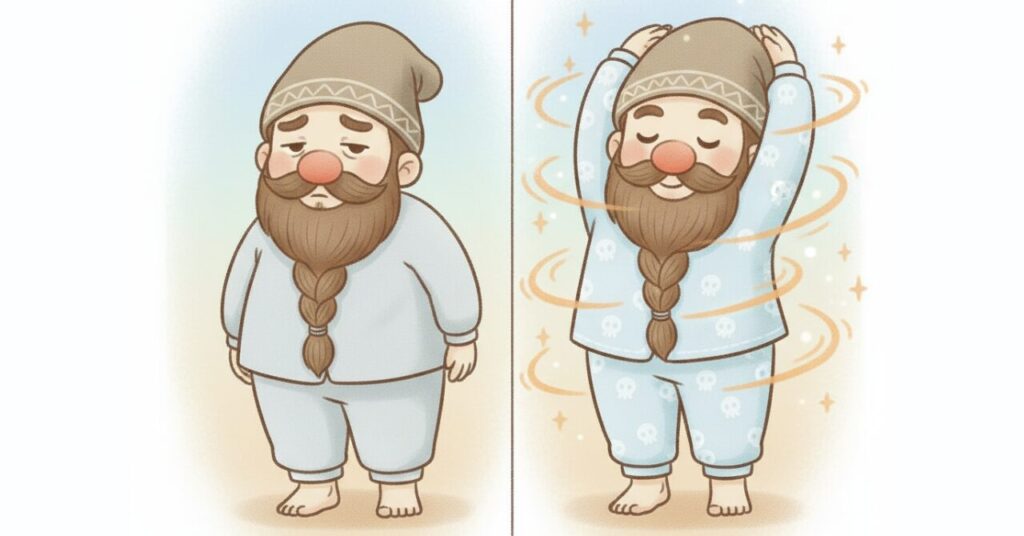 左は疲れて元気のない表情のドワーフ、右は伸びをして体が軽くなったようなドワーフが光のエフェクトに包まれている、効果を感じにくい人と感じやすい人の違いを表現した比較イラスト