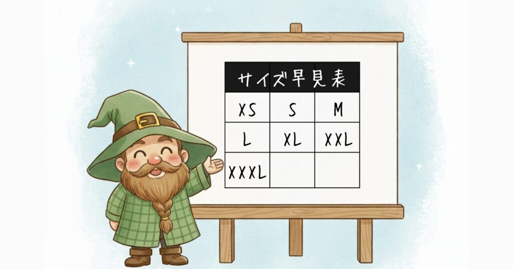 ドワーフがサイズ早見表を指して説明しているイラスト