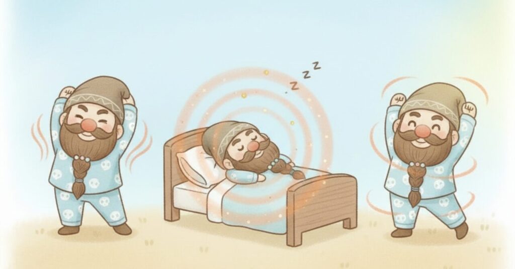 ドワーフが寝る前に軽くストレッチし、睡眠中にやさしい光の波に包まれながら回復し、朝はスッキリ伸びをしている3シーンを描いたイラスト。リカバリーウェアをじんわり効かせる習慣の流れを表現。