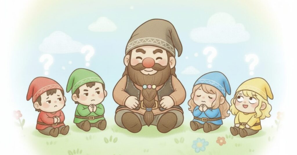 中央で優しく微笑むドワーフのまわりに4人の小人が座り、それぞれが疑問を抱えた様子で“？”マークを頭上に浮かべている。黄色の小人だけは天然キャラらしく楽しげな表情をしている、FAQコーナーをイメージした相談シーンのイラスト。