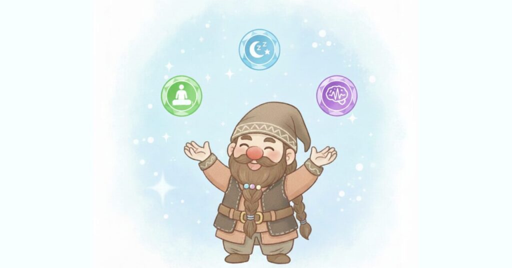 疲れが抜けやすい体に変える3つのコツを、睡眠・呼吸や自律神経ケア・心身のリラックスのアイコンと、両手を広げたドワーフで表現したイラスト。
