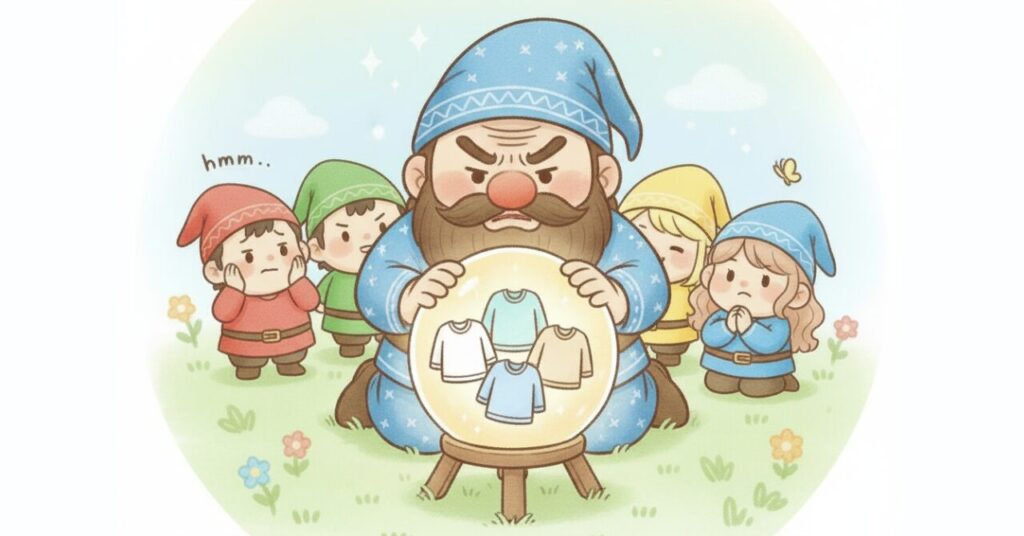 水晶玉に映し出された複数のリカバリーウェアを真剣な表情で見つめるドワーフ（ネムドワ）と、その後ろで赤・緑・青・黄色の4人の小人が悩んだり祈ったりしながら見守っているイラスト。自分に合う1枚を選ぶ場面を表現。