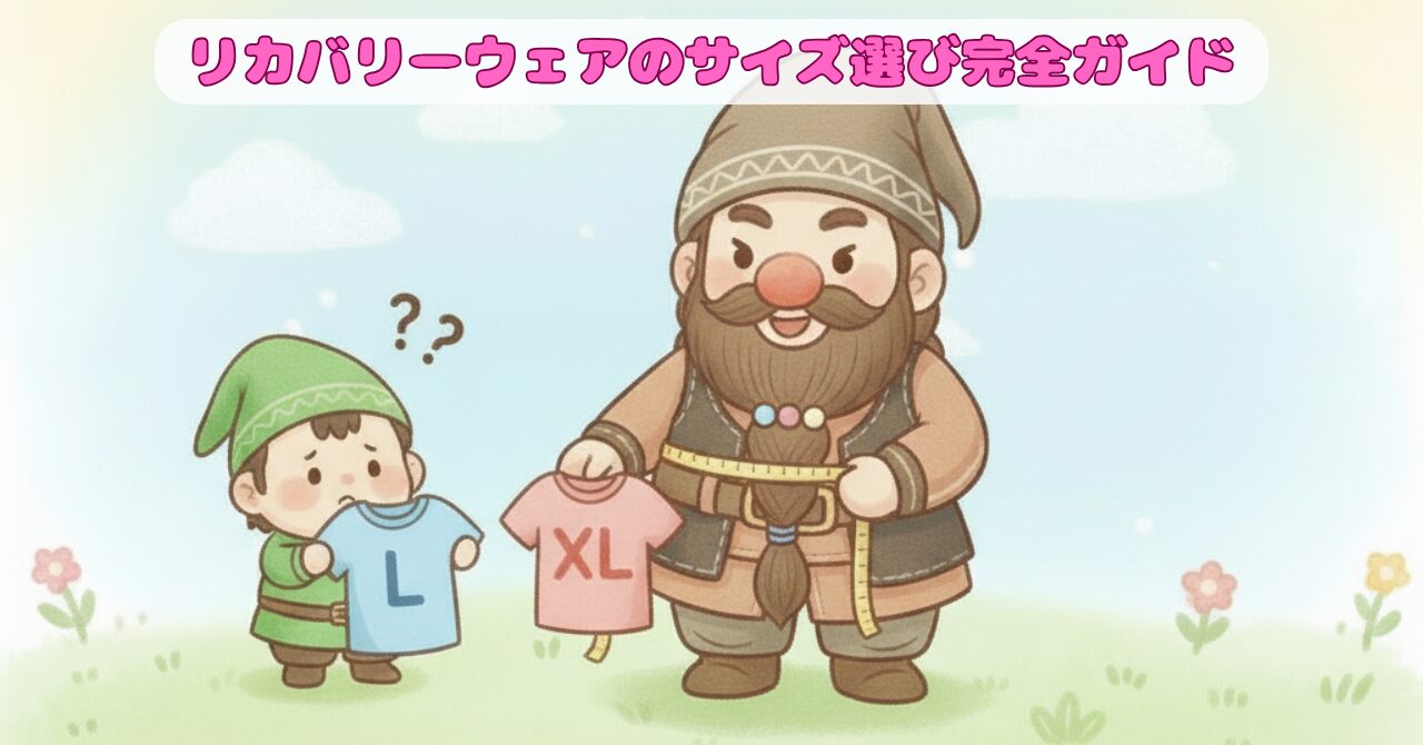 ドワーフがメジャーを使ってサイズを測り、小人がLとXLのシャツを比べて悩んでいる様子を描いたイラスト。リカバリーウェアのサイズ選びを分かりやすく表現した画像。