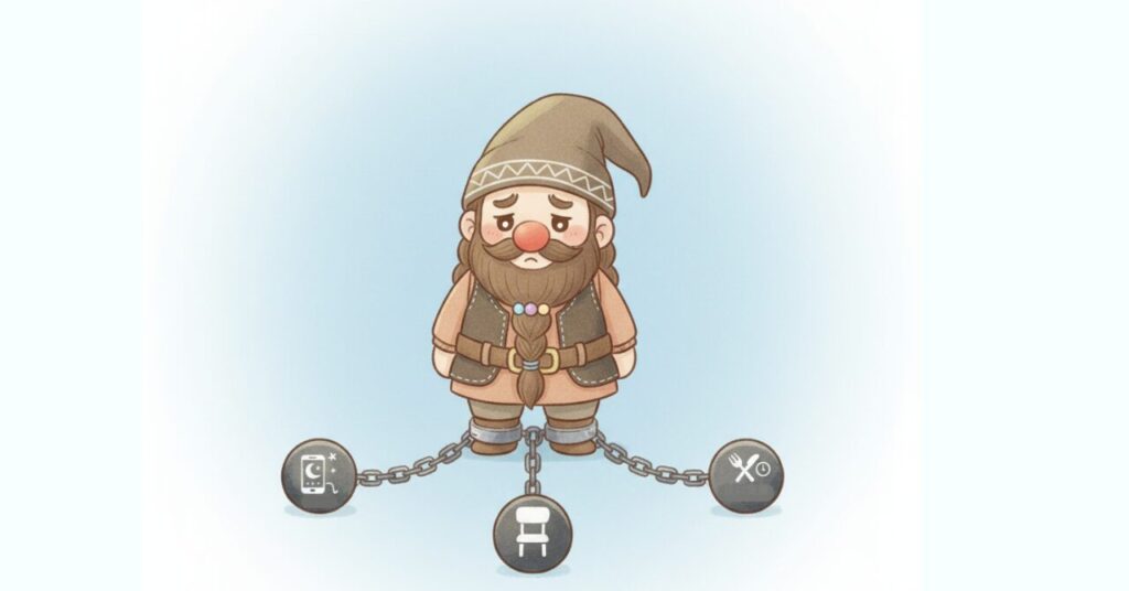 夜更かし・座りっぱなし・遅い食事などの生活習慣を象徴する重りに足をつながれ、疲れグセに縛られている様子のドワーフのイラスト。
