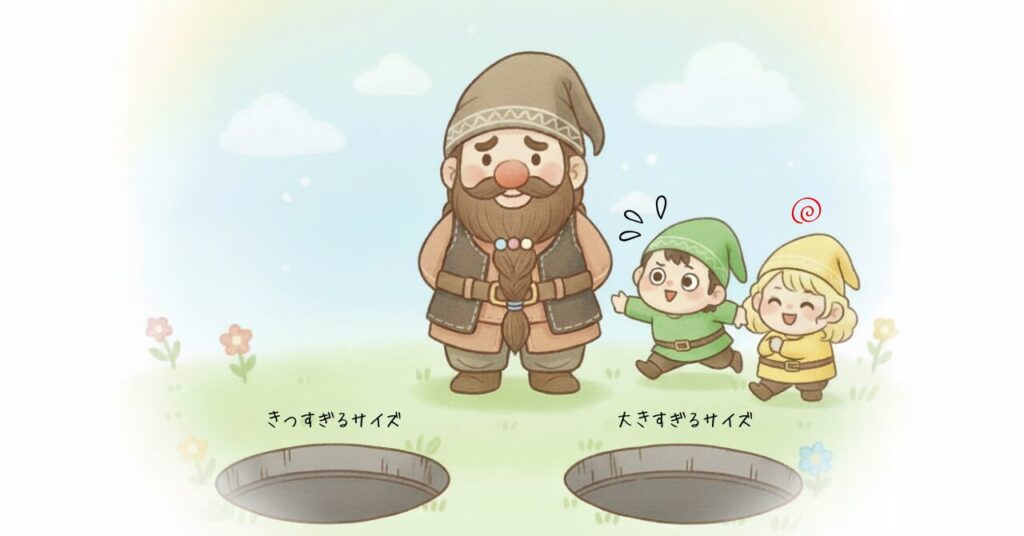 ドワーフが困った表情で立ち、足元には「きつすぎるサイズ」と「大きすぎるサイズ」の落とし穴がある。緑の小人が慌てて黄色い天然キャラの小人を止めようとしている様子を描いたイラスト。リカバリーウェアのサイズ選びで起きやすい失敗を比喩で表現した画像。