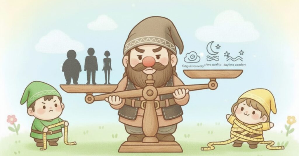 ドワーフが天秤を調整し、左側には体型のシルエット（ぽっちゃり・普通・痩せ型）、右側には疲労回復・睡眠の質・日中の快適さを表すアイコンが乗っている。緑の小人はメジャーを持って手伝い、黄色い天然キャラの小人はメジャーを体に巻いて遊んでいる様子を描いたイラスト。体型と目的のバランスからサイズ選びの“正解ライン”をイメージ化した画像。