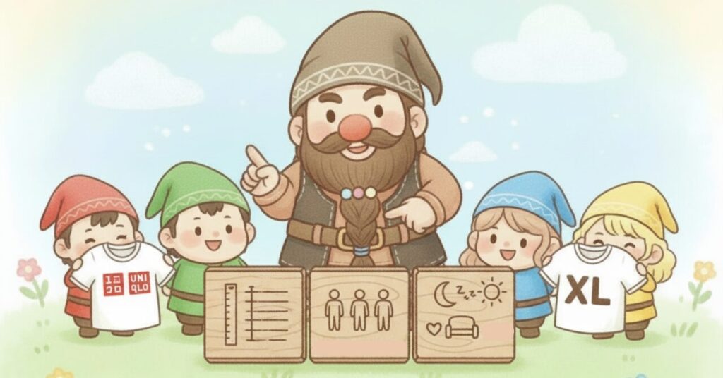 ドワーフが中央で3つの木札（身長の目安、体型の種類、使用シーンのアイコン）を指し示し、左側では小人がユニクロのTシャツを持ち、右側では黄色い天然キャラの小人がXLサイズの服を嬉しそうに掲げている。ユニクロの普段サイズから3ステップでリカバリーウェアの適切なサイズを決める流れを表したイラスト。
