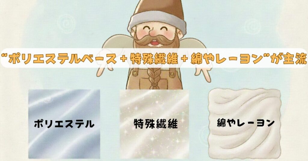 リカバリーウェアの主流素材であるポリエステル・特殊繊維・綿やレーヨンをドワーフが紹介しているイラスト
