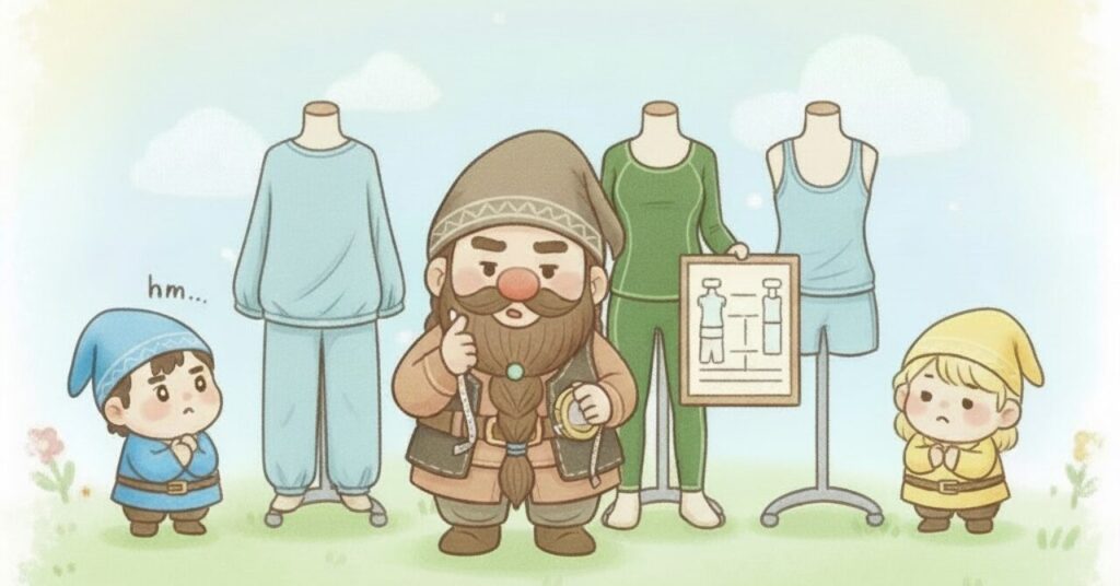 ベネクス・バクネ・ブレインスリープの服を着せた3体のマネキンを前に、ドワーフと小人たちがサイズ感の違いを見比べている様子を描いたイラスト。天然キャラの黄色い小人も登場。