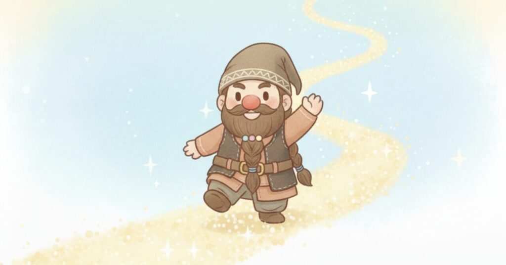 光が差すキラキラした道を、笑顔で一歩ずつ進んでいくドワーフのイラスト。前向きに回復へ向かうイメージ。