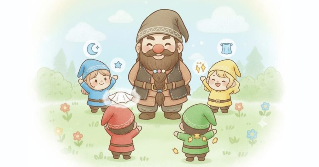 ドワーフの周りで4色の小人が、それぞれのブランド特徴を表すポーズをしているイラスト。青は睡眠、黄は着心地、赤は包み込むケア、緑はポイント刺激を表現している。