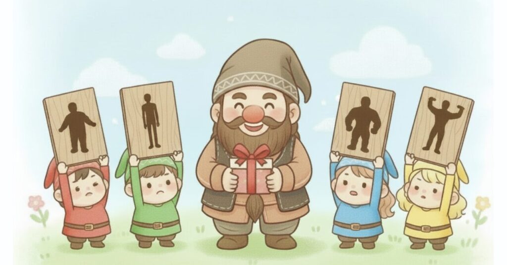 中央でプレゼント箱を持つドワーフの周りに、赤・緑・青・黄色の小人たちが相手の体型を示すパネル（ぽっちゃり・標準・がっしり・マッチョ）を掲げている様子を描いたイラスト。天然キャラの黄色い小人も登場。
